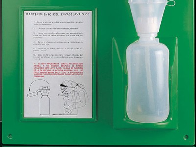 Бутель для промивання очей з інструкцією та стендом